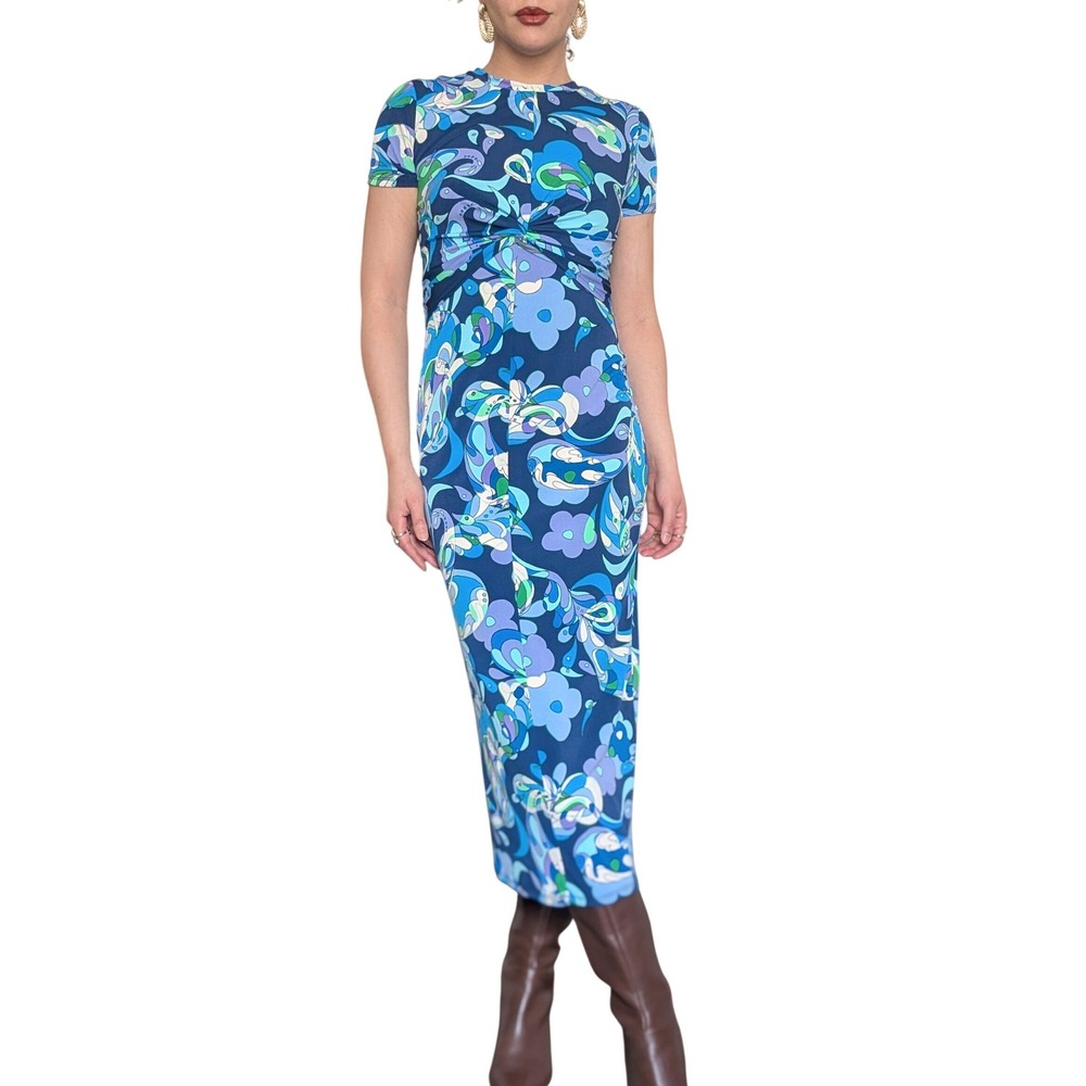 Donna Morgan Elegant Psychedelic Retro Floral Baby Blue Twisted Waist Maxi Dress